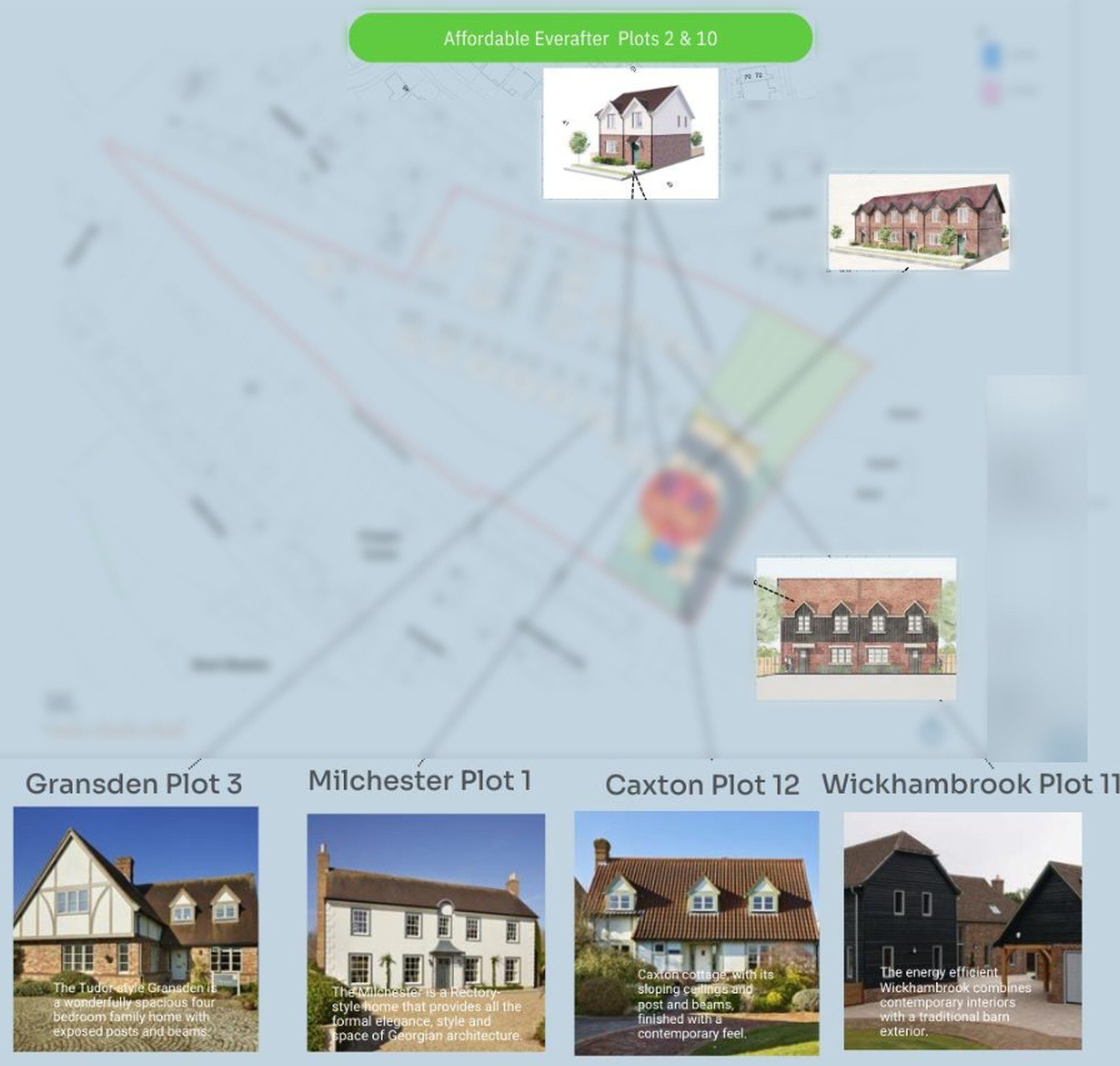Site plan with Ideas Book house types: Gransden, Milchester, Caxton and Wickhambrook